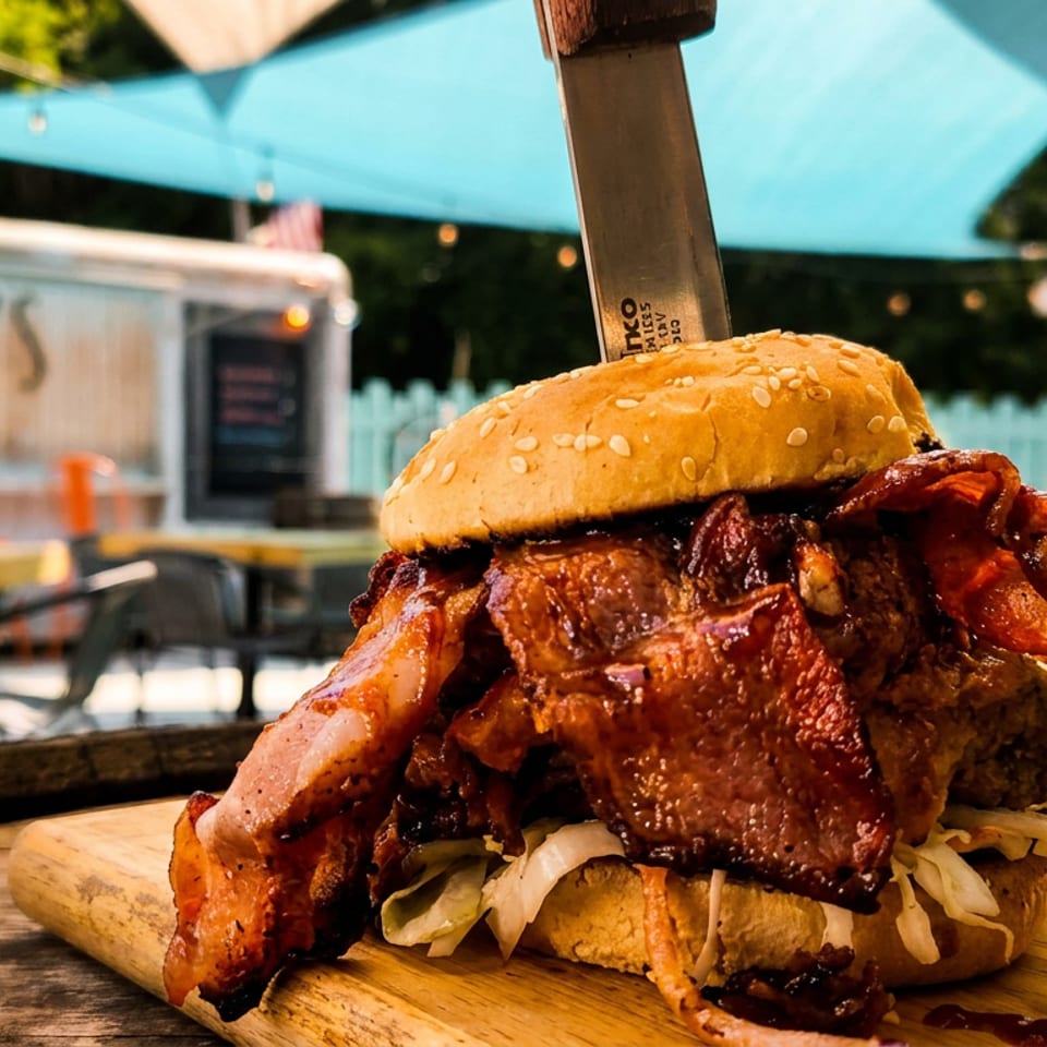 Towering barbecue burger piled with bacon and shredded cabbage on a wooden board in an outdoor patio beneath colorful shade sails.