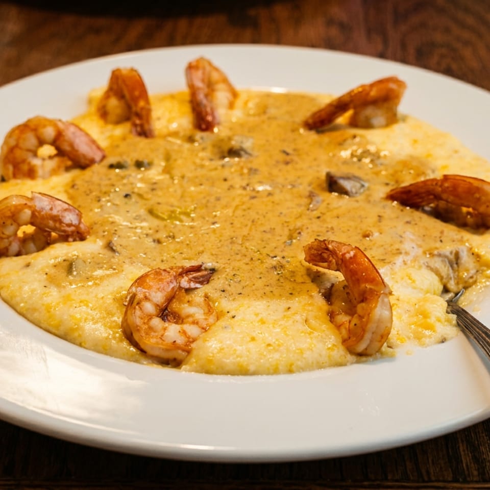 Creamy shrimp and polenta topped with sautéed mushrooms on a white plate beside a spoon on a wooden table.