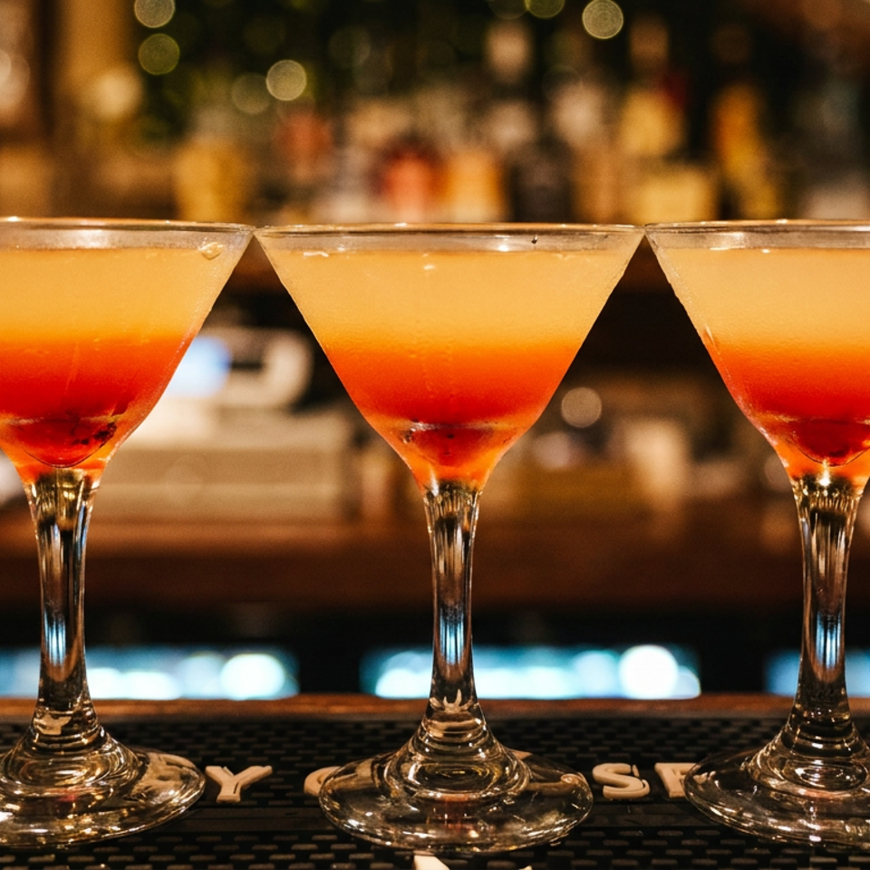 Three orange-red cocktails in martini glasses sit on a bar mat against a warmly lit, blurred bar background.