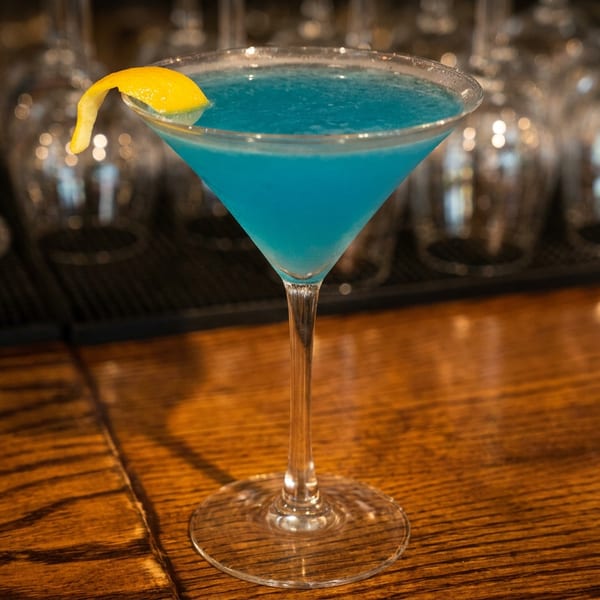 Blue cocktail in a martini glass garnished with a lemon twist on a wooden bar counter.