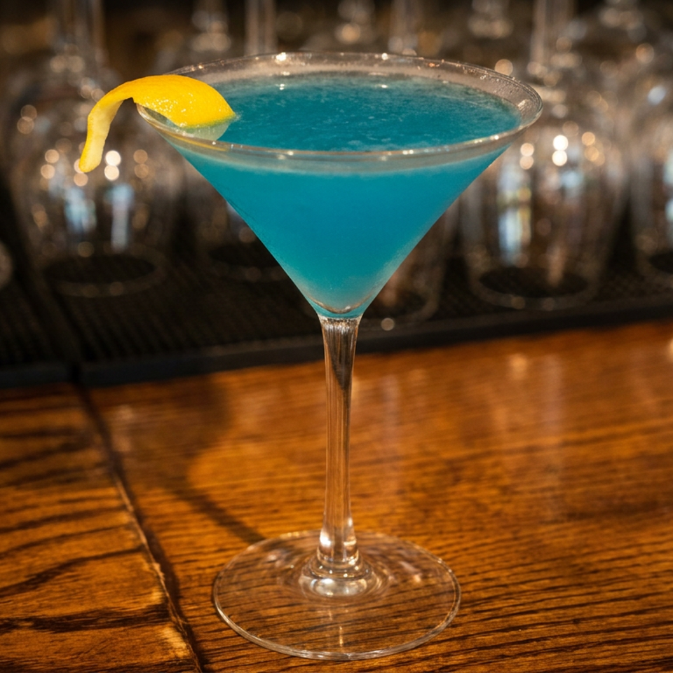Blue cocktail in a martini glass garnished with a lemon twist on a wooden bar counter.