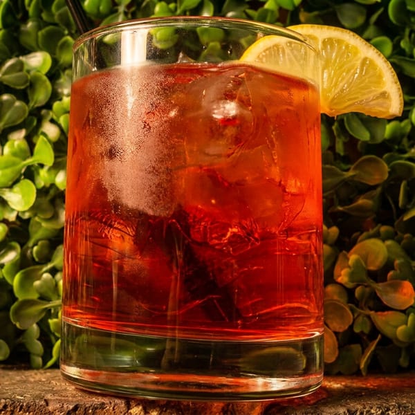 Ruby-red cocktail with ice and a lemon wedge served in a rocks glass against lush green foliage.