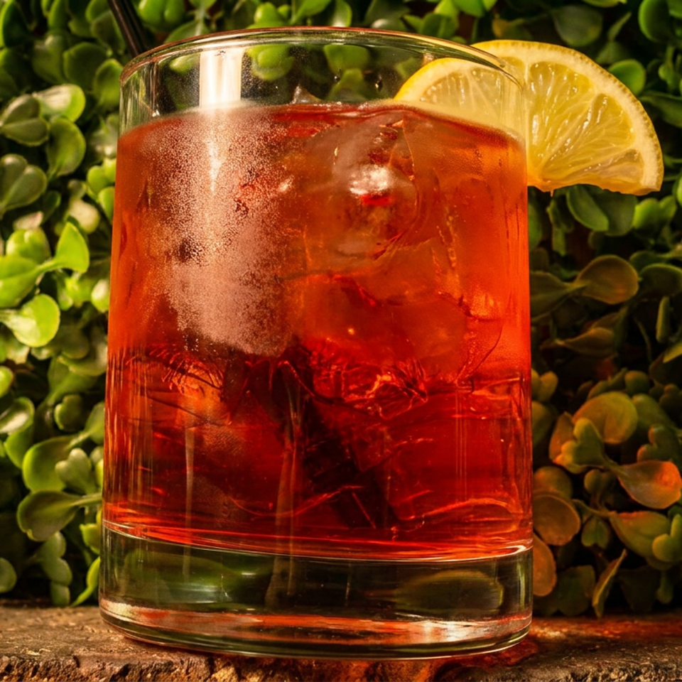 Ruby-red cocktail with ice and a lemon wedge served in a rocks glass against lush green foliage.