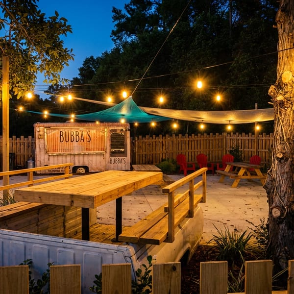 Outdoor Bubba’s dining area at dusk with wooden picnic tables, string lights, colorful canopy, and fenced garden setting.