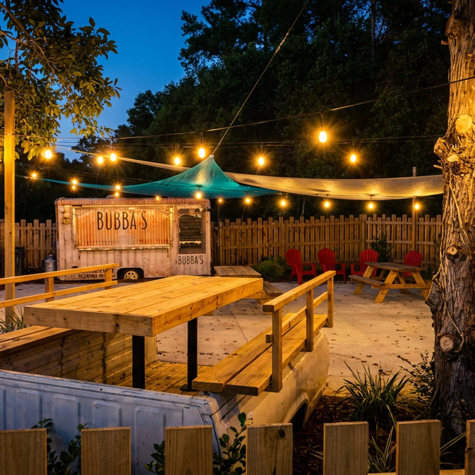 Outdoor Bubba’s dining area at dusk with wooden picnic tables, string lights, colorful canopy, and fenced garden setting.