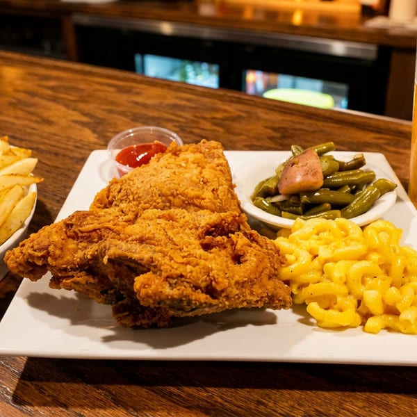 Crispy fried chicken with fries, macaroni and cheese, green beans, dipping sauce, and a glass of beer on a wooden bar.