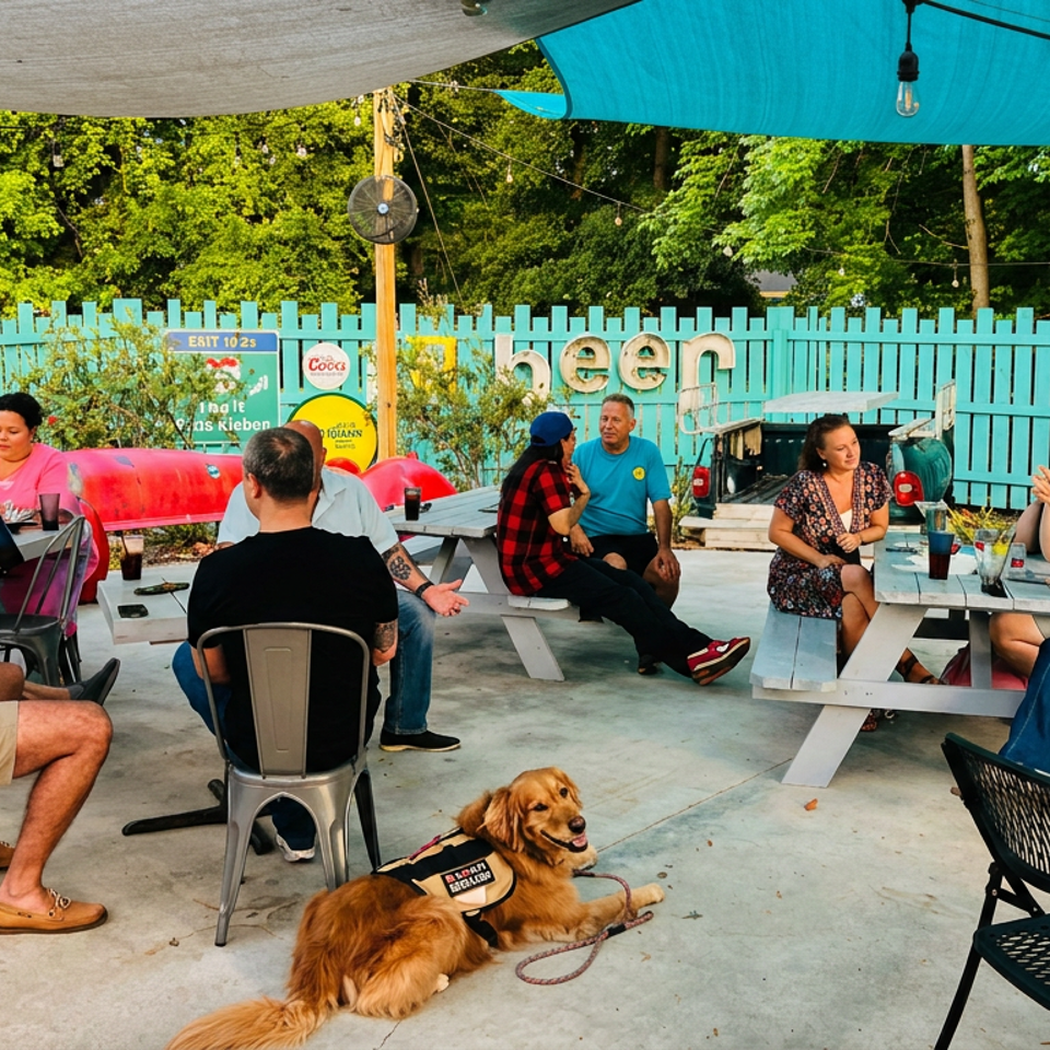 Patrons gather at outdoor picnic tables beneath colorful canopies, with drinks, string lights, and a service dog resting nearby.