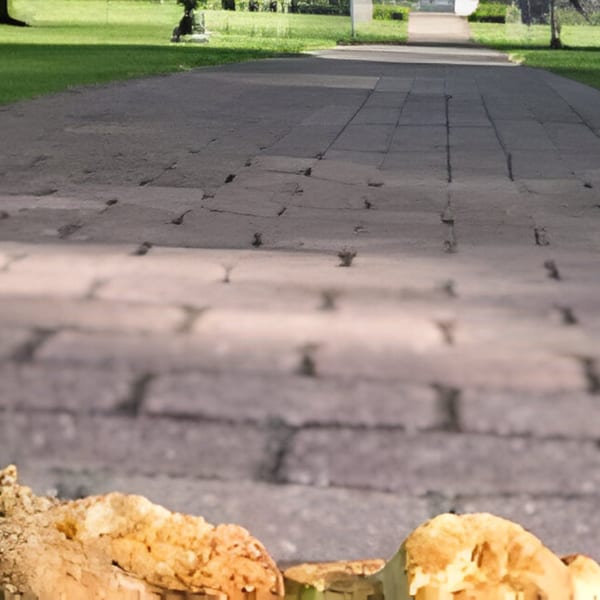 A cracked, dark gray brick pathway leads through a green lawn towards a distant white building.