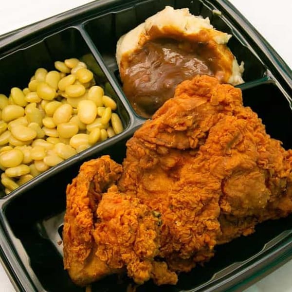 Bubba's Bistro southern fried chicken meal with lima beans and mashed potatoes with gravy.