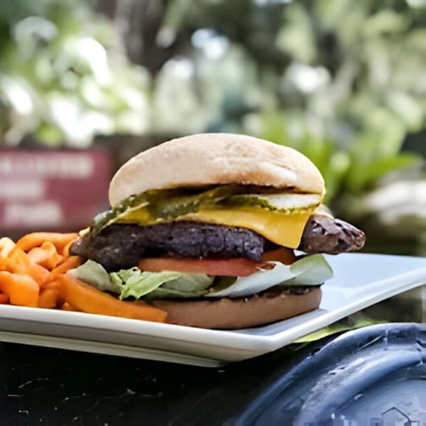A Bubba's Bistro burger with cheese, pickles, lettuce, and tomato, served with sweet potato fries.