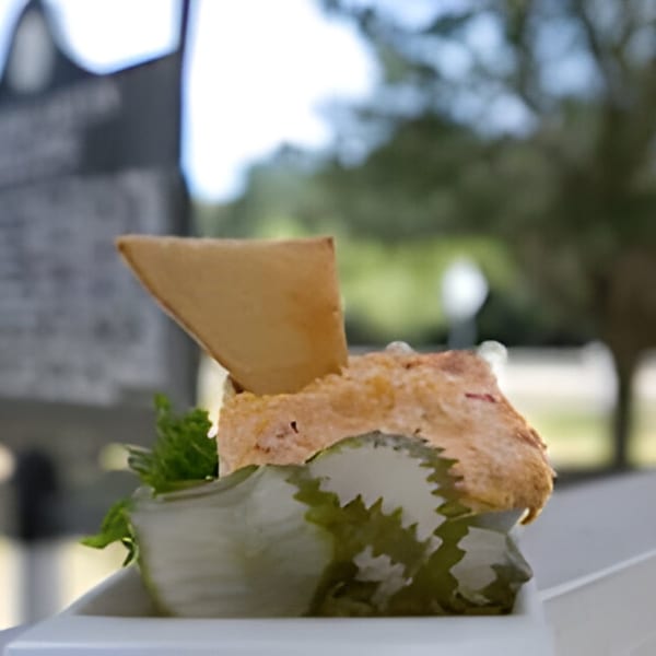 A southern appetizer with a crispy chip, savory dip, and fresh greens in a white dish.