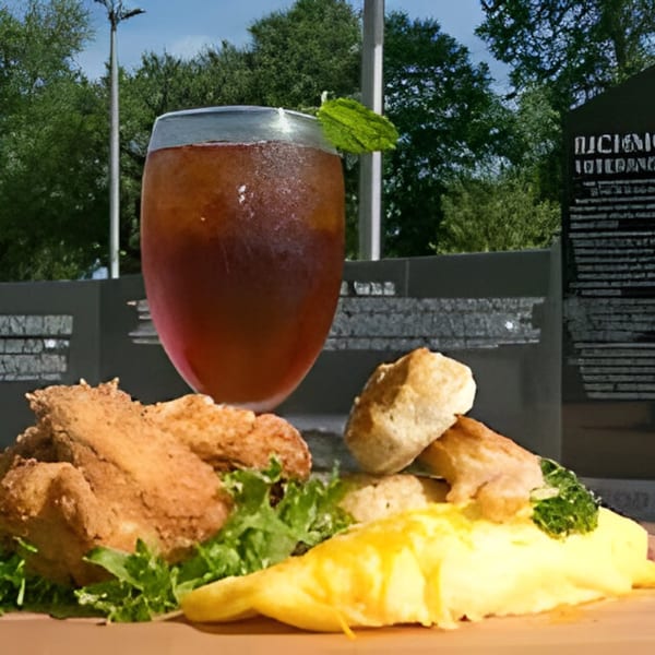 Bubba's Bistro fried chicken, biscuits, scrambled eggs, and iced tea with mint garnish.