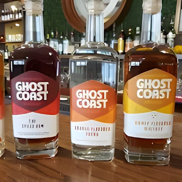 Three bottles of "Ghost Coast" spirits, with different colored labels, on a wooden bar top.